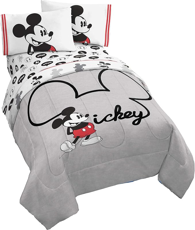 Disney Mickey Mouse Twin Comforter Set 4 Piece Cartoon Bedding, Gray | Bed in a Bag, Comforter Sheets Pillowcase, Official Product, Soft Microfiber, Machine Washable, Easy Care, Kids Gift