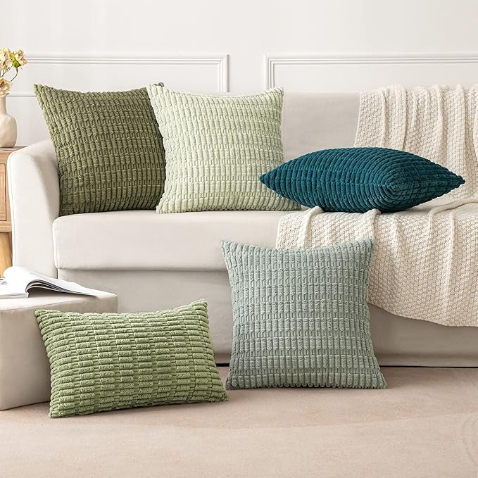 MIULEE Pack of 2 Spring Corduroy Decorative Throw Pillow Covers 12x12 Inch Soft Boho Striped Pillow Covers Modern Farmhouse Home Decor for Summer Sofa Living Room Couch Bed Greyish Green