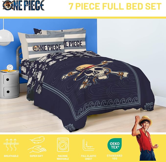 One Piece Luffy Full Comforter Set 7 Piece Soft Anime Bedding, Blue | Bed in a Bag, Comforter Sheets Shams Pillowcases, Official Product, Soft Microfiber, Machine Washable, Kids Gift