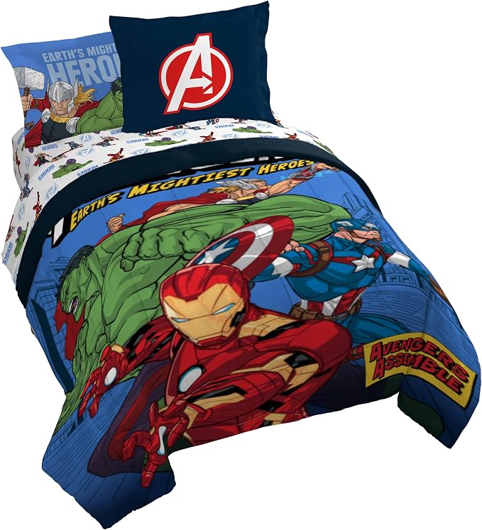 Jay Franco Kids Bed Set, Blue, Avengers, 7 Piece Queen | Cozy Soft Bedding for Stylish Room Décor with Comforter, Sheets & Pillow Covers