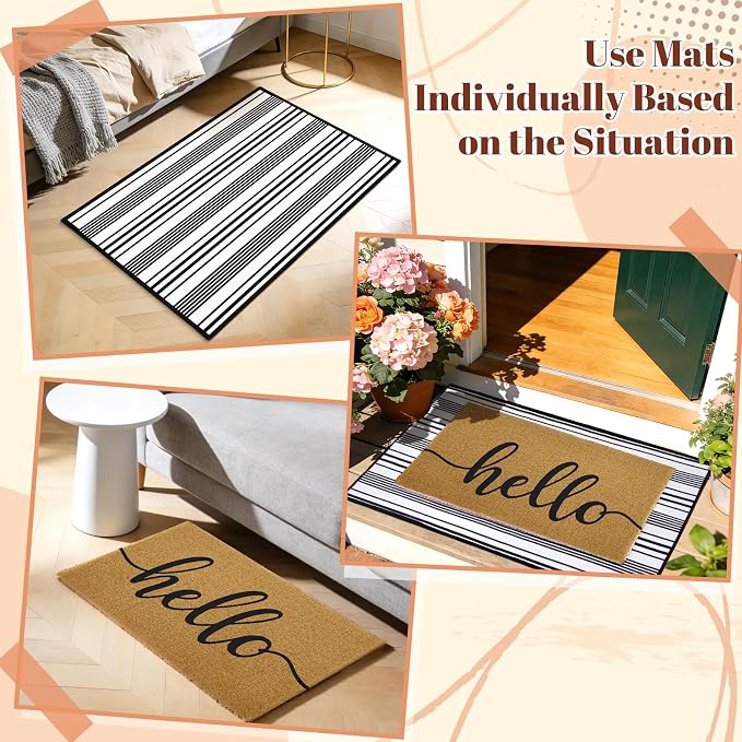 2pcs Layered Doormat Set, Welcome Door Mat for Outdoor Front Door, 16x24 PVC Coil & 24x32 Crystal Velvet Non-Slip Layering Entry Mats for Farmhouse Porch Decoration（Hello, Striped）