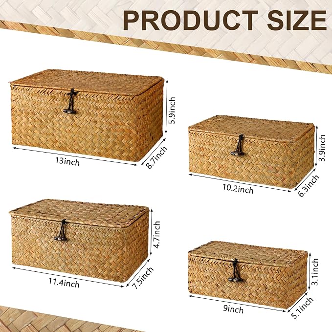 Woanger Set of 4 Wicker Baskets with Lids, Nautral Seagrass Storage Baskets, Woven Rectangular Basket Bins, Rattan Storage Organizer for Shelf Closet Bedroom(Orange)
