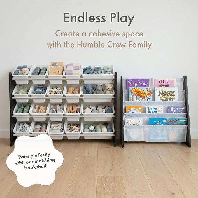 Humble Crew Kids Toy Organizer with 20 Bins, 4 Tier Storage for Playroom | Sturdy wood and steel toddler shelf, removable BPA-free containers, wall anchor anti-tip safety kit for bedroom or classroom