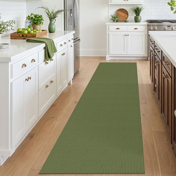 IOHOUZE Washable Runner Rug 2.6x10 Non Slip Rubber Backed Long Hallway Runner Entryway Runner Indoor, Kitchen Rugs Woven Cotton Floor Carpet for Hall Entrance, Olive Green/Earthy Green
