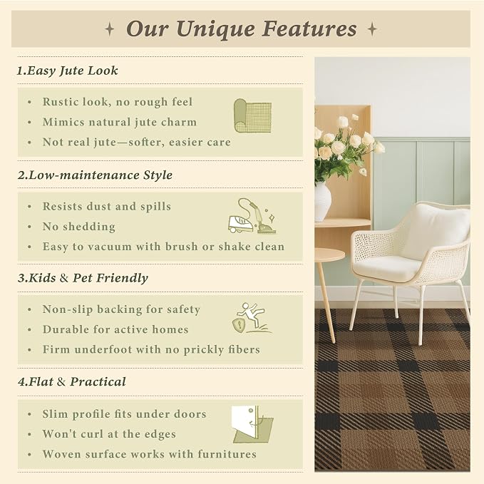 JTJ Easy Jute Outdoor Rug 6' x 9', Washable Non Slip Indoor Outdoor Low Pile Area Rug for Patio, Porch, Living Room & Dining Room, Farmhouse Plaid