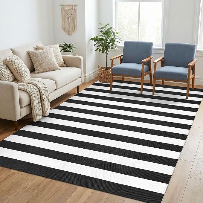 KILOCOCO Black White Striped Rug 5x7 Area Rug for Living Room Washable Rugs | Machine Washable Front Porch Layered Rugs, Cotton Rug for Patio, Outdoot Rug for Farmhouse, Woven Indoor Bedroom Carpet
