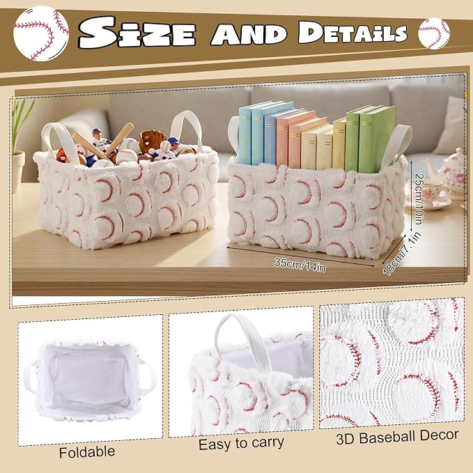 2 Pcs Baseball Storage Baskets 14x10'' Back to School Gift Basket | Sport, Foldable, Fluffy, Laundry, Storage Bin with Handle, Closet Organizer, Preppy Dormitory, Classroom, Bathroom, Shelf
