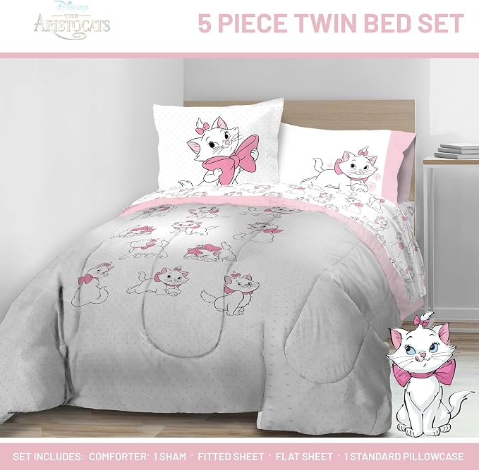 Disney Aristocats Marie Twin Comforter Set 5 Piece Kids Bedding, White | Bed in a Bag, Comforter Sheets Sham Pillowcase, Official Brand, Soft Microfiber, Machine Washable, Easy Care, Girls Gift