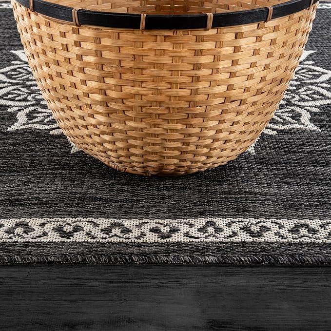 CAMILSON Outdoor Rug 6x9 Medallion Darkgray Modern Area Rugs for Indoor and Outdoor Patios Kitchen and Hallway Mats Washable Porch Deck Outside Carpet (Medallion Darkgray 6 x 9)