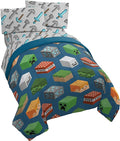 Minecraft Creeper Twin Comforter Set 4 Piece Kids Bedding for Boys, Blue | Zombie Steve, Bed in a Bag, Comforter Sheets Pillowcase, Official Product, Soft Microfiber, Machine Washable, Boys Gift