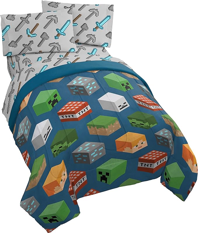 Minecraft Creeper Twin Comforter Set 4 Piece Kids Bedding for Boys, Blue | Zombie Steve, Bed in a Bag, Comforter Sheets Pillowcase, Official Product, Soft Microfiber, Machine Washable, Boys Gift