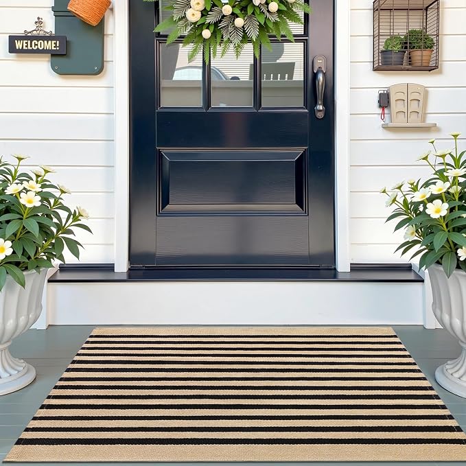 OLANLY Brown and Black Striped Rug 2'4" x 3'7" (27.5" x 43") – Washable Cotton Doormat for Indoor Outdoor Use, Layered Front Porch Rug for Entryway, Kitchen, Patio