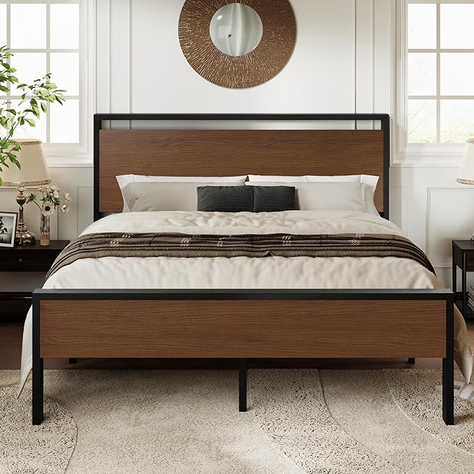 Allewie Queen Size Bed Frame, Heavy Duty 12 Metal Slats Support, Walnut | Wooden Headboard and Footboard, Modern Platform Bed, No Box Spring Needed, Under-Bed Storage, Noise Free, Easy Assembly