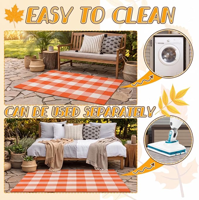 Moucuny 2 Pcs Fall Nature Coir Doormat Outdoor Maple Leave Welcome Mat, Orange and White Plaid Outdoor Rug Non Slip Floor Door Mat for Entrance Front Porch Decor, 24'' x 35'', 16'' x 28''