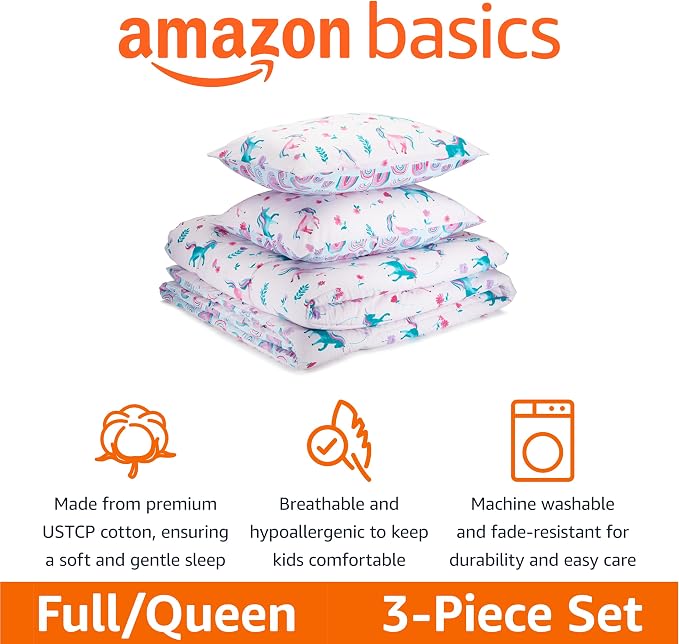 Amazon Basics Kids' 3 Piece Lightweight Cotton Shell Reversible Comforter Set with Sham, USCTP Certified Cotton Shell, Full/Queen, Unicorns and Rainbows