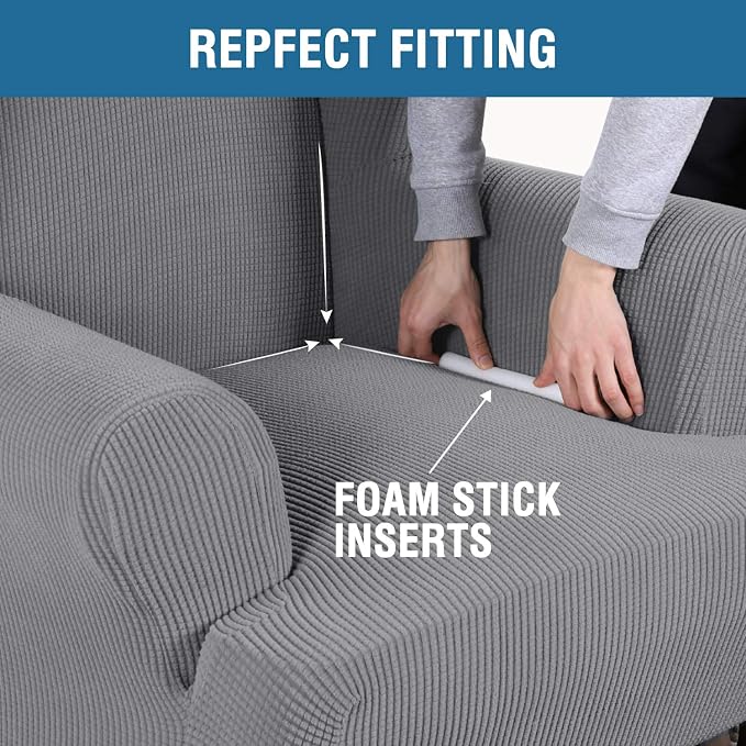 H.VERSAILTEX Wing Chair Slipcover Chair Covers for Wingback Chairs Wingback Chair Covers Slipcovers 1 Piece Stretch Sofa Cover Furniture Protector Soft Spandex Jacquard Checked Pattern, Dove