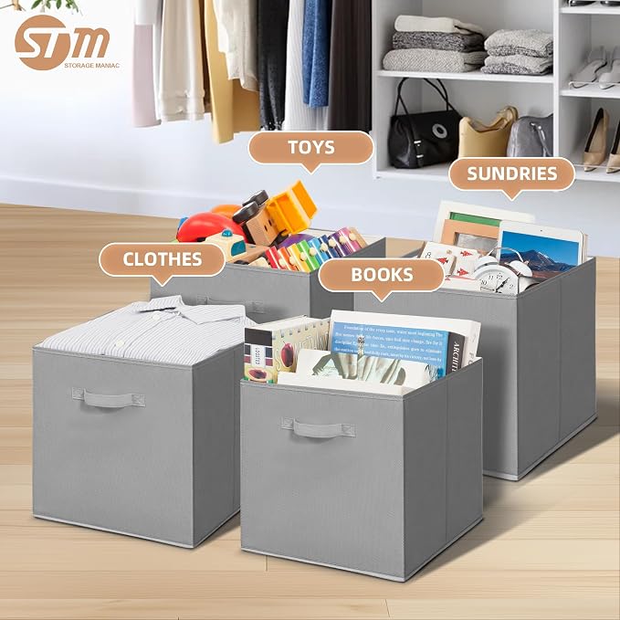 STORAGE MANIAC Storage Cubes, 13 Inch Collapsible Storage Bins with Handles, 4 Pack Fabric Foldable Bins for Organization, Durable Storage Bins for Closet, Shelves, Offices, 4-Pack Grey