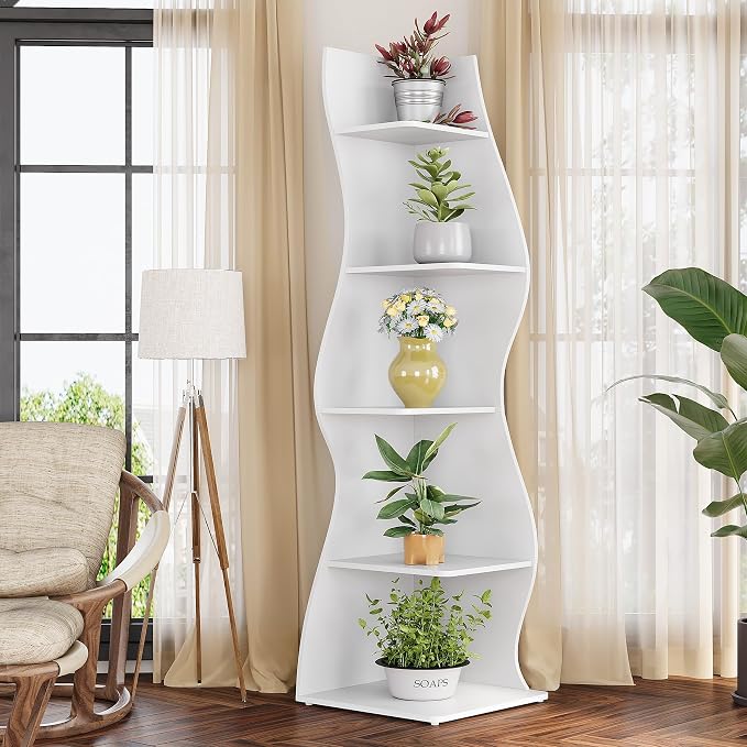 LITTLE TREE 70-Inch Corner Shelf, Seaweed Shaped Etagere Display Bookshelf, Freestanding 5-Tier Wall Shelves for Small Spaces, Bedroom, Living Room, 2 Pack, White