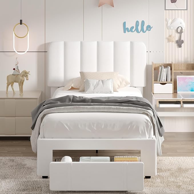 VECELO Twin Size Upholstered Bed Frame with Drawer and Headboard, Velvet Platform Storage Bedframe, Wooden Slats Support, No Box Spring Needed, White