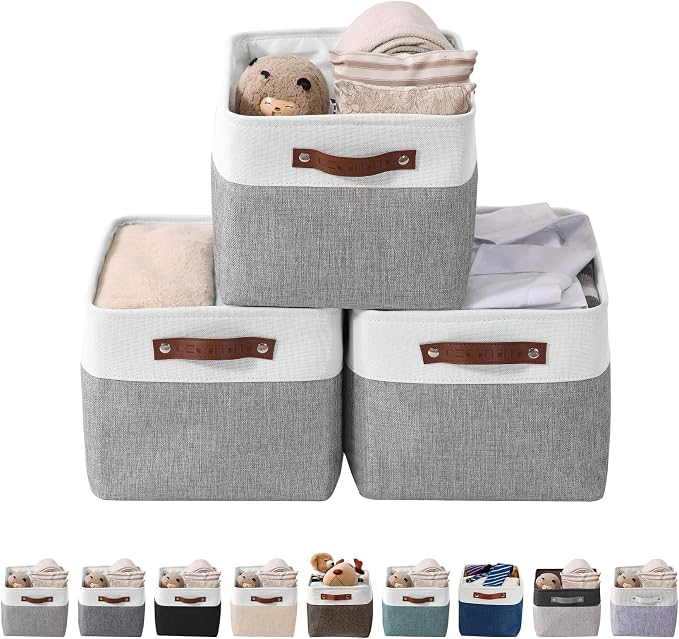 DECOMOMO Storage Bins, Large Fabric Storage Baskets for Shelves 3 Pack | 15 x 11 x 9.5 inches Decorative Linen Closet Organizers (Grey & White)