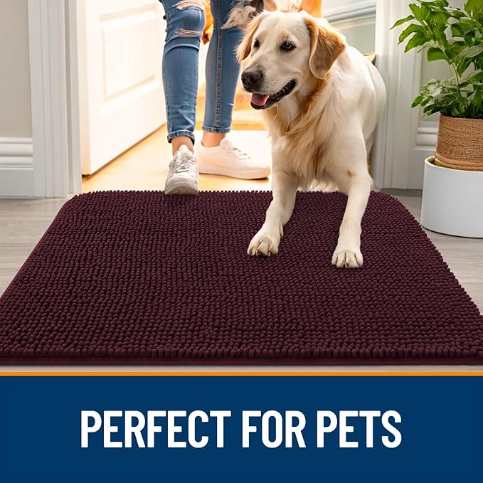 OLANLY Dog Door Mat for Muddy Paws 47x20, Absorbs Moisture and Dirt, Absorbent Non-Slip Washable Doormat, Quick Dry Chenille Mud Mat for Dogs, Entry Indoor Entryway Carpet for Inside Floor, Russet