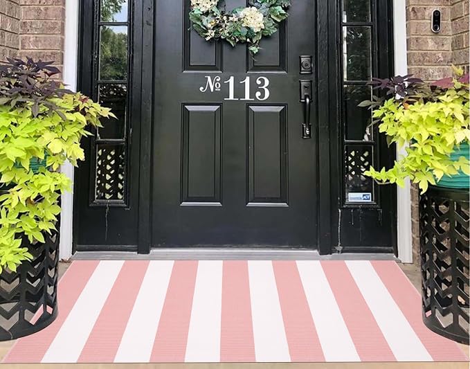 Front Door Mat 24"x51",Pink and White Striped Layered Doormat Cotton Woven Washable Indoor Outdoor Porch Rug Farmhouse Small Area Rug for Porch/Entryway/Home Entrance Decor