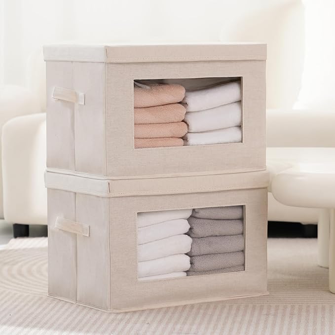 3-Pack Storage Bins with Lids & Clear Window, Foldable Fabric Closet Organizer Boxes, Stackable Cube Baskets with Soft Handles for Clothes & Blankets, 15", Beige