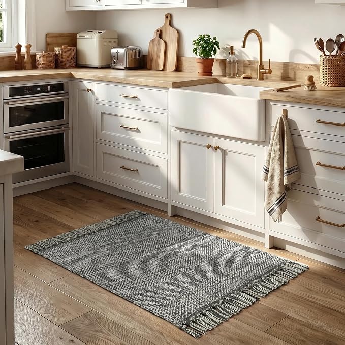 Collive Small Bathroom Rug 2' x 3', Modern Farmhouse Entryway Rugs Hand Woven Washable Kitchen Rugs, Grey Low Profile Front Door Mat Reversible Braided Carpet for Porch Back Bedroom Boho Decor