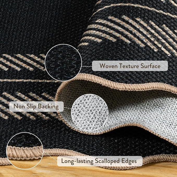 LIVEBOX Scalloped Washable 3x5 Outdoor Rug, Black Easy Jute Rug for Entryway Kitchen, Indoor Non Slip Patio Rugs Farmhouse Neutral Carpet for Bedroom Living Room Backyard Front Door Mat Porch Decor