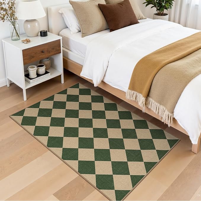 Lessymo Checkered 3x5 Outdoor Patio Rug, Washable Easy Jute for Entryway | Indoor Outdoor Living Room Carpet, Farmhouse Non Slip Door Mat for Backyard Bedroom, Kid Pet Friendly, Diamond Green/Beige