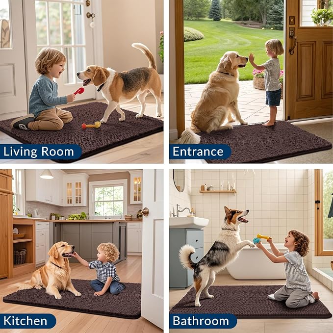 Smiry Dog Door Mat for Muddy Paws 45x27, Absorbent Dirt Trapper, Non-Slip Washable Chenille Entryway Rug for Inside Floor, Brown, Classic Solid