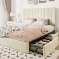 Allewie Queen Size Storage Bed Frame, Vertical Channel Tufted Adjustable Headboard, Velvet Upholstered Platform Bed with 4 Oversized Underbed Drawers, Wooden Slats Support, No Box Spring Needed, Cream