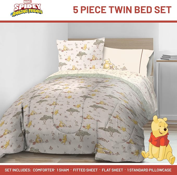 Jay Franco Kids Bed Set, Beige, Winnie The Pooh, 5 Piece Twin | Cozy Soft Bedding for Stylish Room Décor with Comforter, Sheets & Pillow Covers