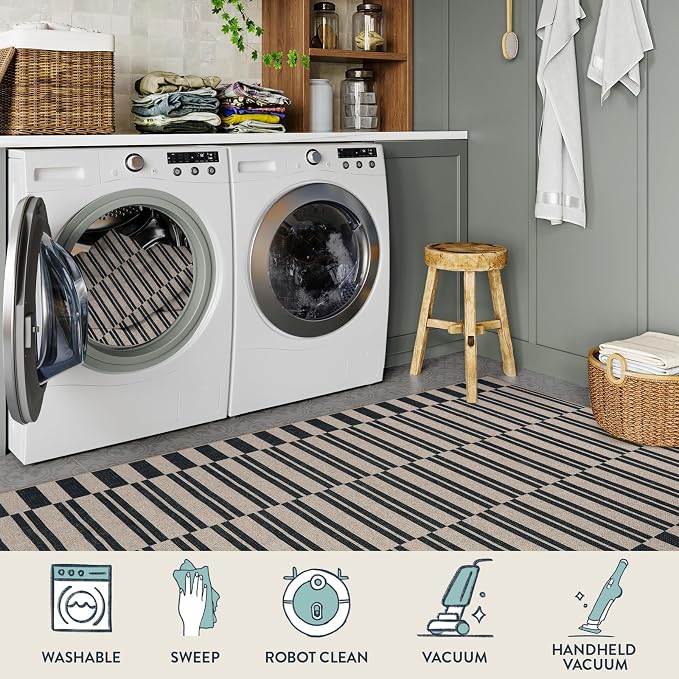 Lahome Striped Easy Jute Outdoor Patio Rug, 3x5 Washable Rugs for Porch | Indoor Living Room Area Rugs Non Slip Black, Modern Farmhouse Neutral Carpet for Entryway Backyard Bedroom Rv