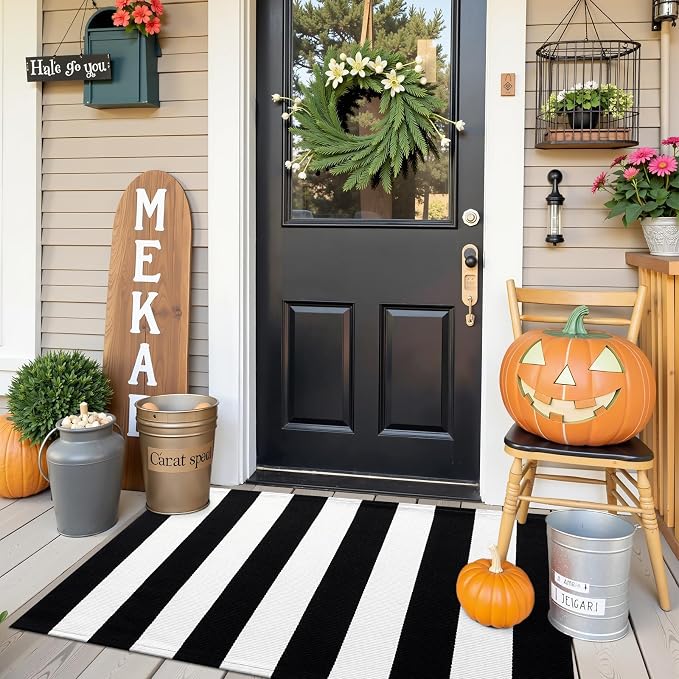 OLANLY Black and White Striped Rug 2' x 4'3" (24" x 51") – Washable Cotton Indoor Outdoor Doormat for Front Door, Entryway, Kitchen, Porch, Patio Decor