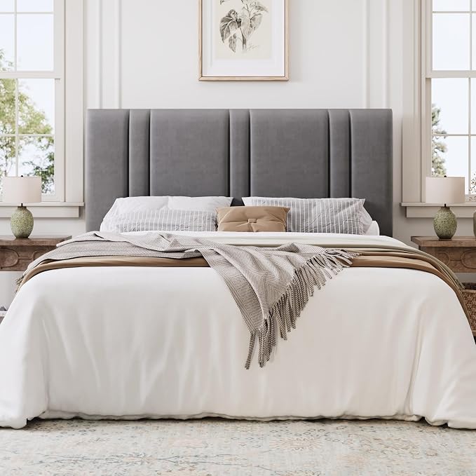 SHA CERLIN Full Size Velvet Bed Frame with Adjustable Headboard, Grey | Vertical Channel Tufted Design, Upholstered Platform Bed, Wood Slats Support/No Box Spring Needed/Easy Assembly