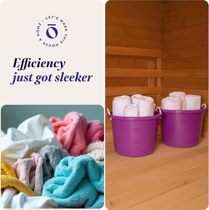 Homz 2 Pack of 17 Gallon Storage Buckets, Durable Plastic Containers, Sturdy Rope Handles, Large Tubs for Sports Equipment, Party Cooler, Gardening, Toys and Laundry, Orchid