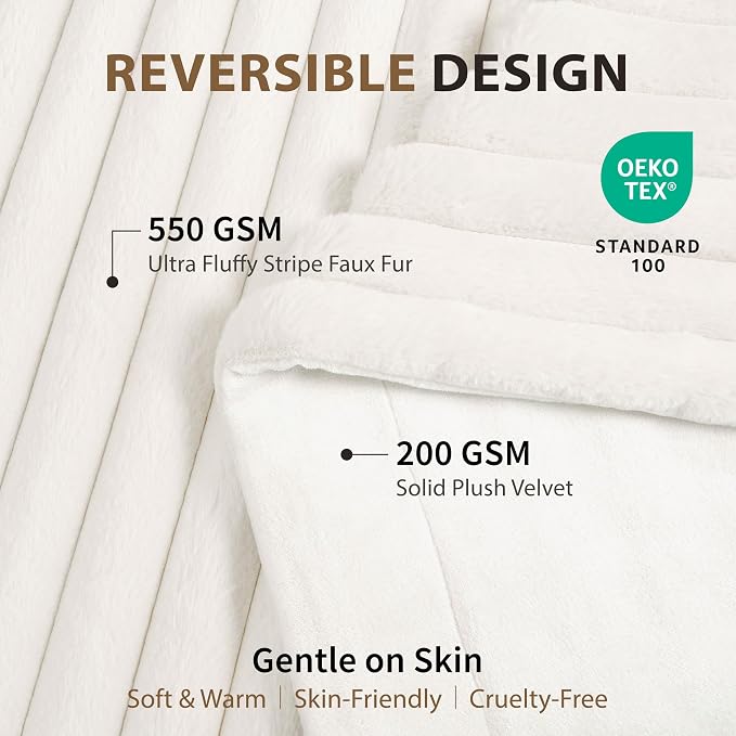 DEZ FURNISHINGS Luxury Reversible Textured Stripe Faux Fur & Velvet Throw Blanket, Throw XL (50" x 70"), White