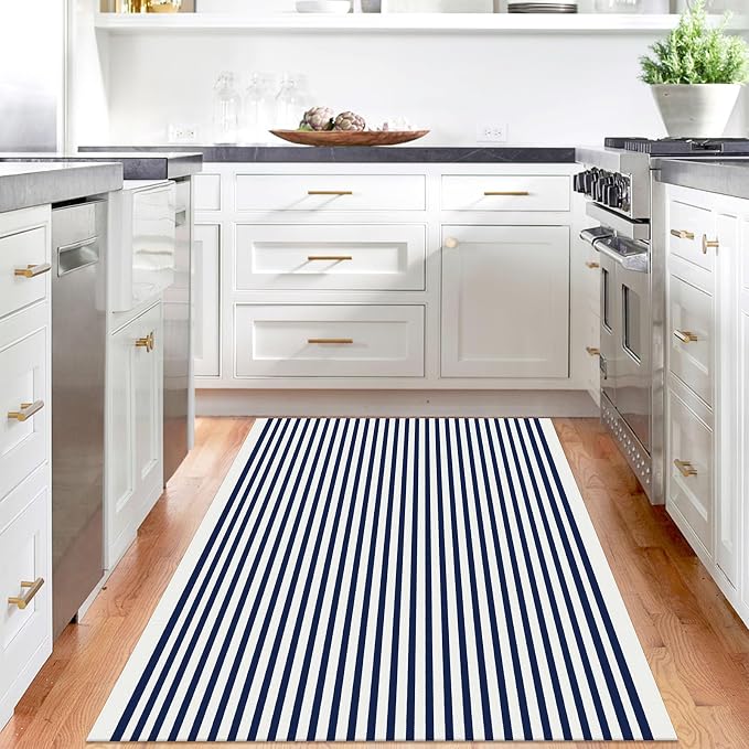 IOHOUZE Striped Area Rug 4'x6' Front Door Rugs Washable Area Rug for Double Front Porch, Large Patio Rug Outdoor Indoor, Doormat for Entryway Porch Entrance, Navy/White