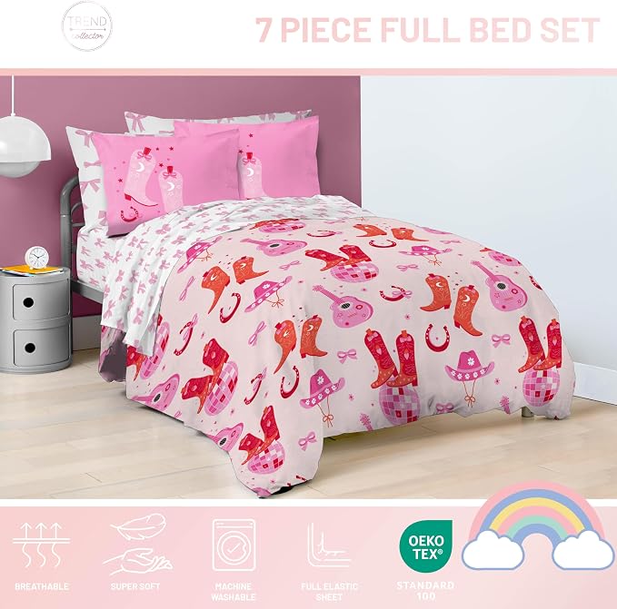Trend Collector Cowgirl Full Comforter Set 7 Piece Kids Bedding, Pink | Bed in a Bag, Comforter Sheets Shams Pillowcases, Soft Microfiber, Machine Washable Easy Care, Girls Gift