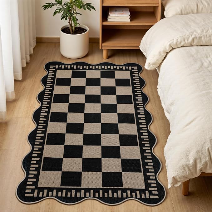 EDIMENS Scalloped Outdoor Rug 3x5 Jute Front Porch Patio Entry Entryway Rug | Checkered Front Door Mat Small Non-Slip Washable Area Rug Carpet Low Pile Black Indoor Farmhouse Doormat for Entrance Doorway