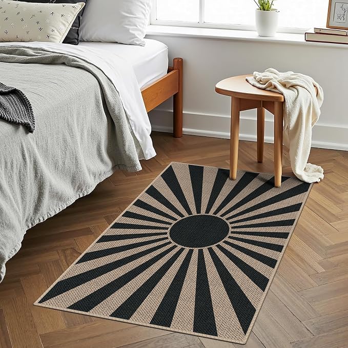 Easy Jute 2x3 Black Sun Area Rug,Washable Boho Entryway Rug, Small Modern Door Carpet,Neutral Non-Slip Outdoor Indoor Farmhouse Rug for Kitchen Patio Entry Porch