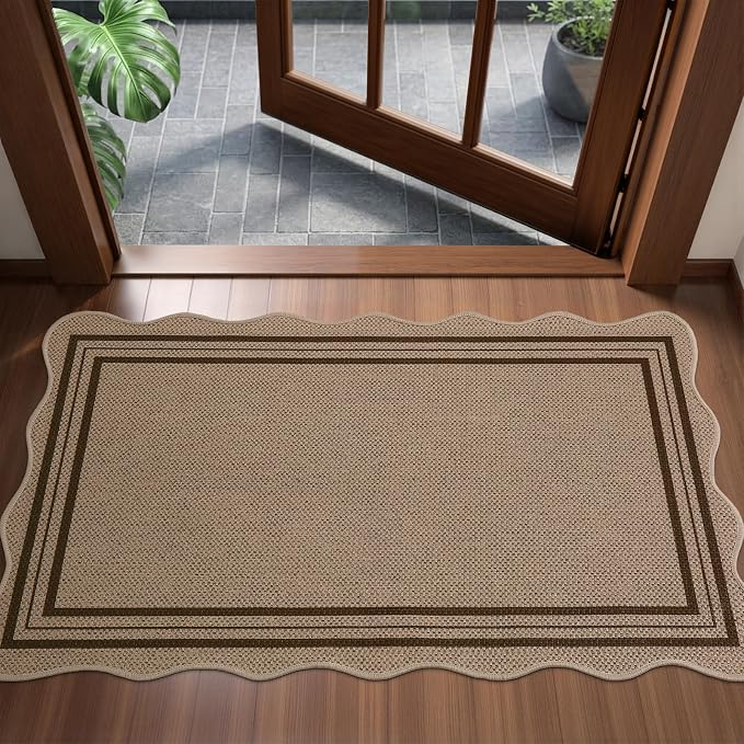 EDIMENS Easy Jute Rug Entryway Rug, 2x3 Front Door Mat Small Entryway Non-Slip Washable Area Rug, Low Pile Black Indoor Outdoor Farmhouse Scalloped Doormat for Entrance Entry Porch Doorway