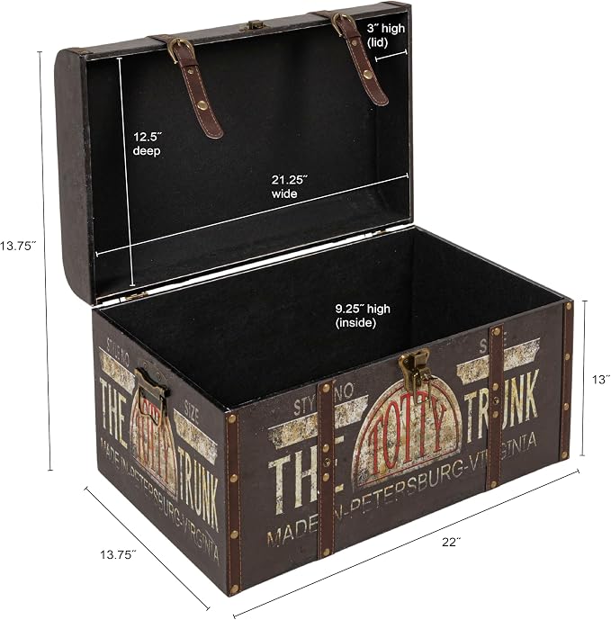 Household Essentials Large Decorative Storage Trunk with Vintage Decoupage, Leather and Metal Accents, Green and Black Finish