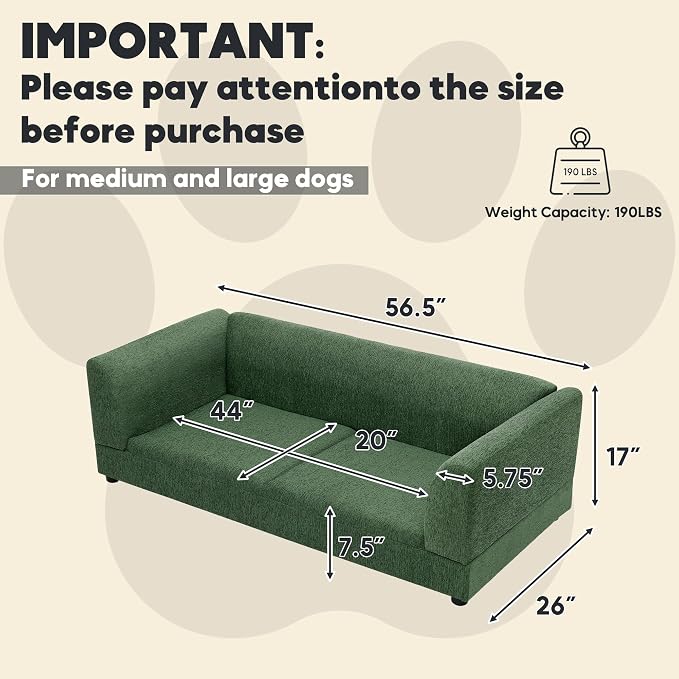56.5" Dog Sofa Couch for Medium and Large Dogs with Backrest and Armrest, Memory Foam Dog Sofa Bed, Modern Elevated Pet Couch Bed with Legs for Dogs, Green
