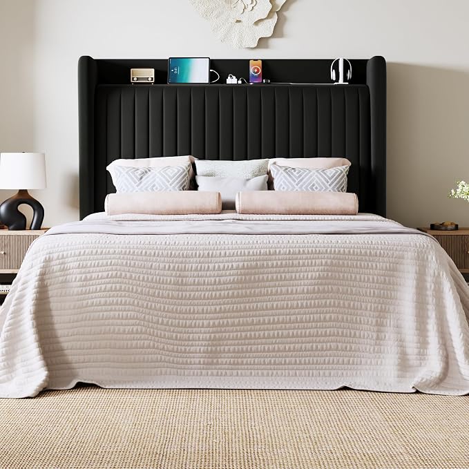 Allewie Full Size Platform Bed Frame with USB Charging Station and Storage Shelf/Upholstered Velvet Wingback Headboard/Wooden Slats Support/No Box Spring Needed/Easy Assembly, Black