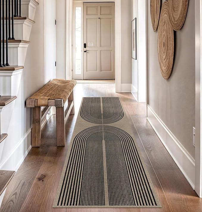 Rugalia Easy Jute Rainbow Outdoor Runner Rug, 2.6x8 Black Nature Washable Rugs Runner for Hallway Non-Slip Boho Farmhouse Kitchen Runner Rug, Modern Abstract Carpet for Porch Laundry Entryway