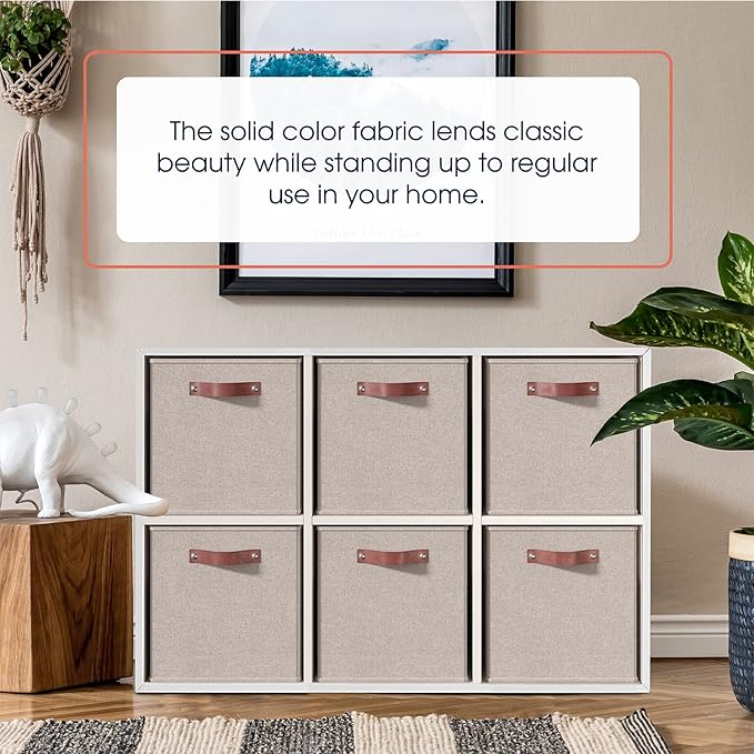 Ornavo Home 11x11 Foldable Fabric Storage Cube Bins, 6 Pack, Beige | Collapsible Linen Shelf Basket Organizer; Leather Handles; Ideal Cube Storage For Closet