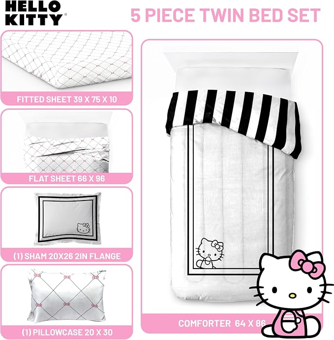 Sanrio Hello Kitty Twin Comforter Set 5 Piece Bedding for Girls, White | Bed in a Bag, Comforter Sheets Sham Pillowcase, Official Product, Soft Microfiber, Machine Washable, Easy Care, Girls Gift