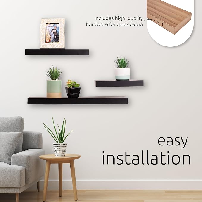 Kiera Grace Stockholm Maine Floating Shelves for Wall, MDF Display Shelves, Easy to Assemble, Ideal for Home Decor, 12"/16"/24" W x 5" D x 1.5" H, Gallant Gray, Pack of 3